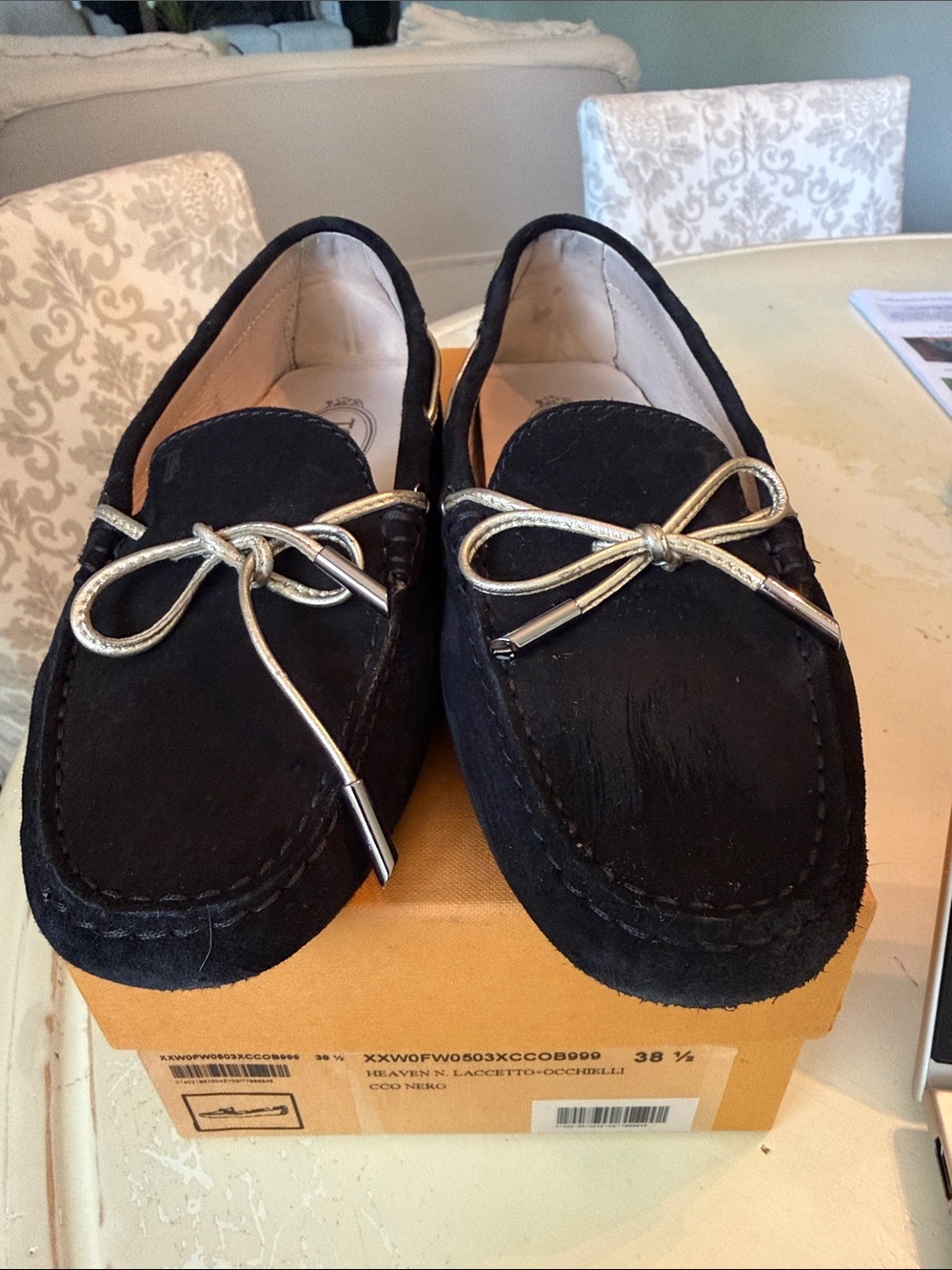 Tod’s ladies  Black Suede Loafers with Metallic Bow Accent - Made in Italy